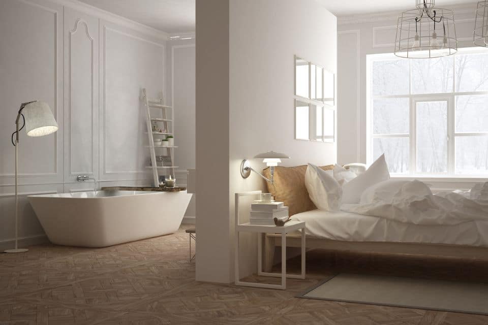 Offenes Wohn- und Schlafzimmer im Scandi-Style