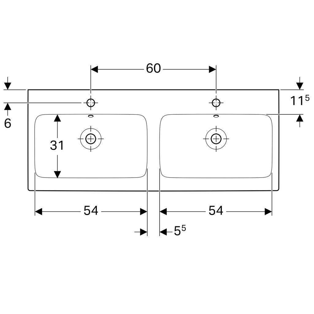 iCon Doppelwaschtisch, 1200 x 485mm, mit 2 Hahnlöchern, mit Überlauf
