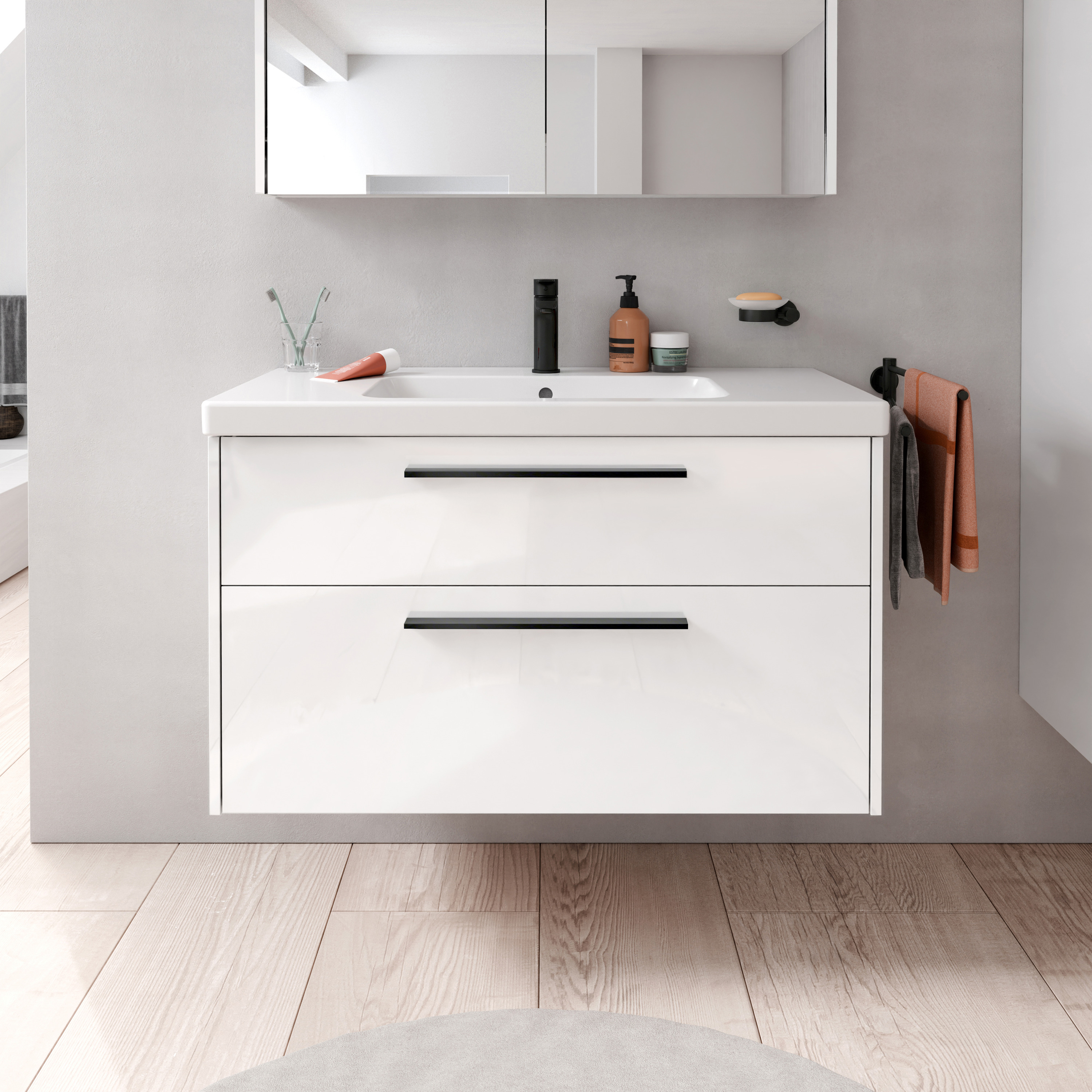 Duravit D-Code 2.0 Badmöbel-Set 100cm, weiß hochglanz, Griff diamantschwarz