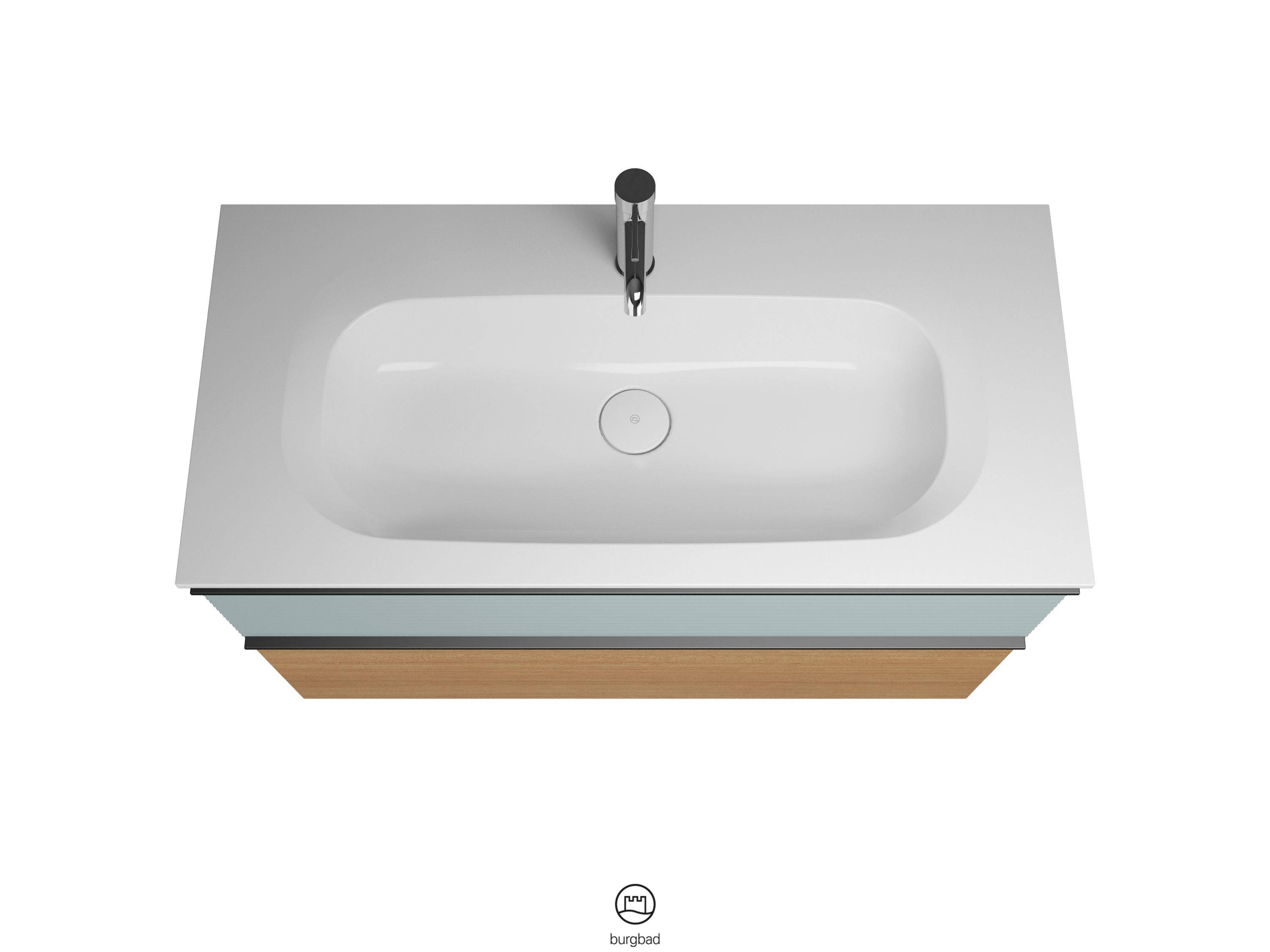burgbad Fiumo Waschtisch mit Waschtischunterschrank Tectona Dekor Zimt/eisblau softmatt