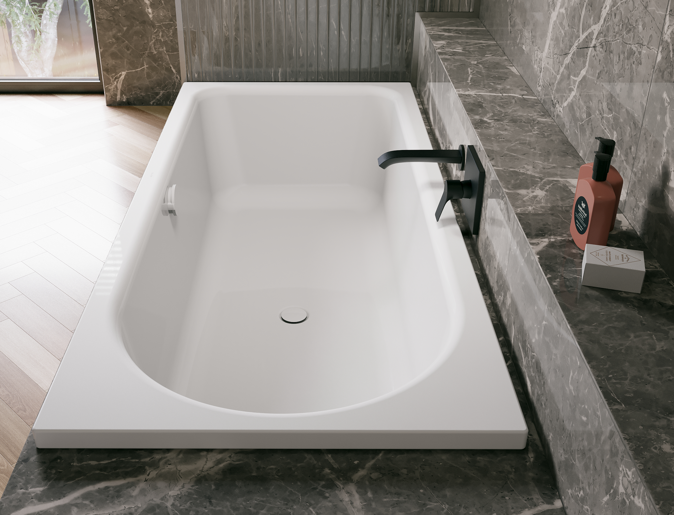 Ocean rectangular bath, foot end right, rear overflow
