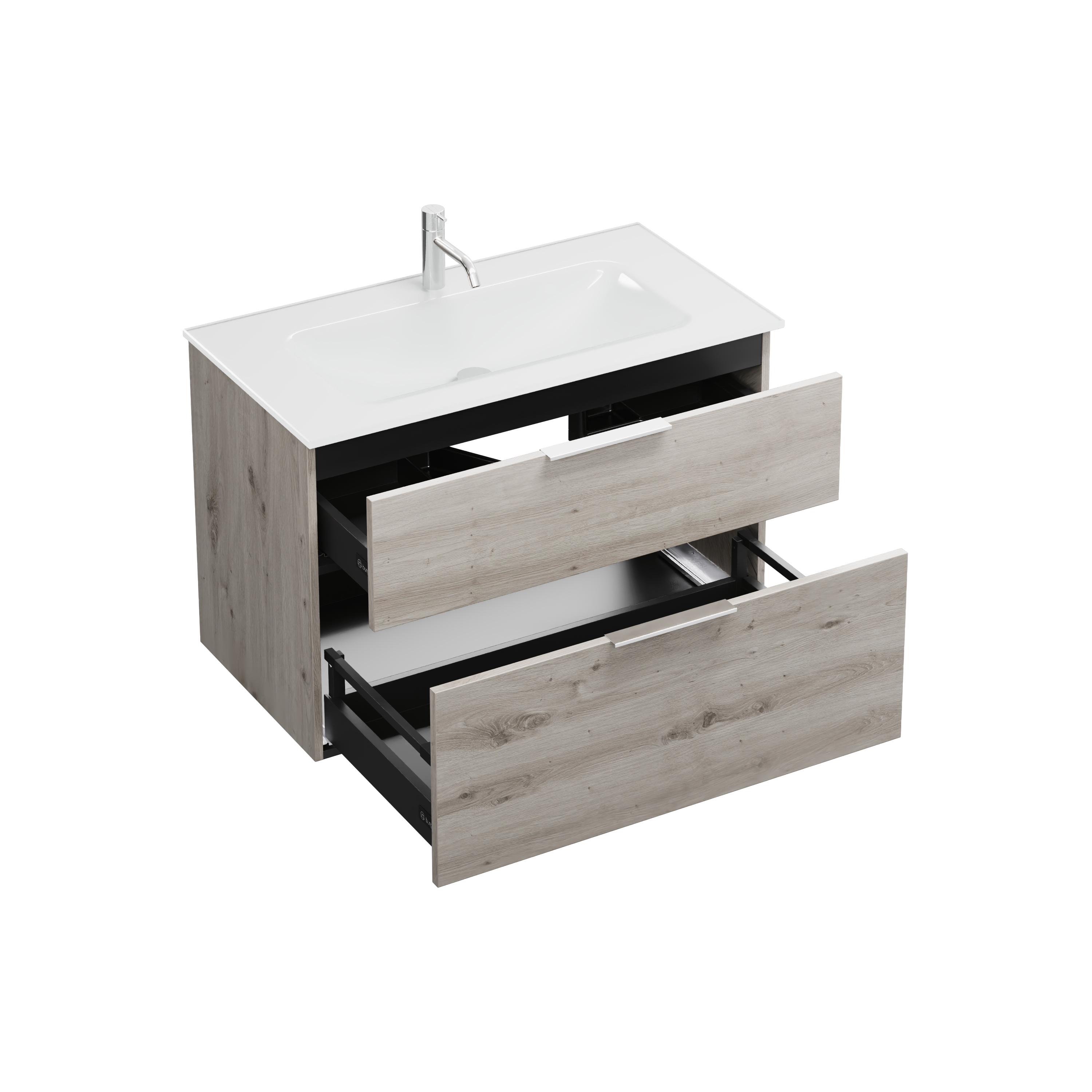 Eqio Badmöbel-Set SEYX092 mit Glas-Waschtisch, Eiche Dekor Silber/Weiß