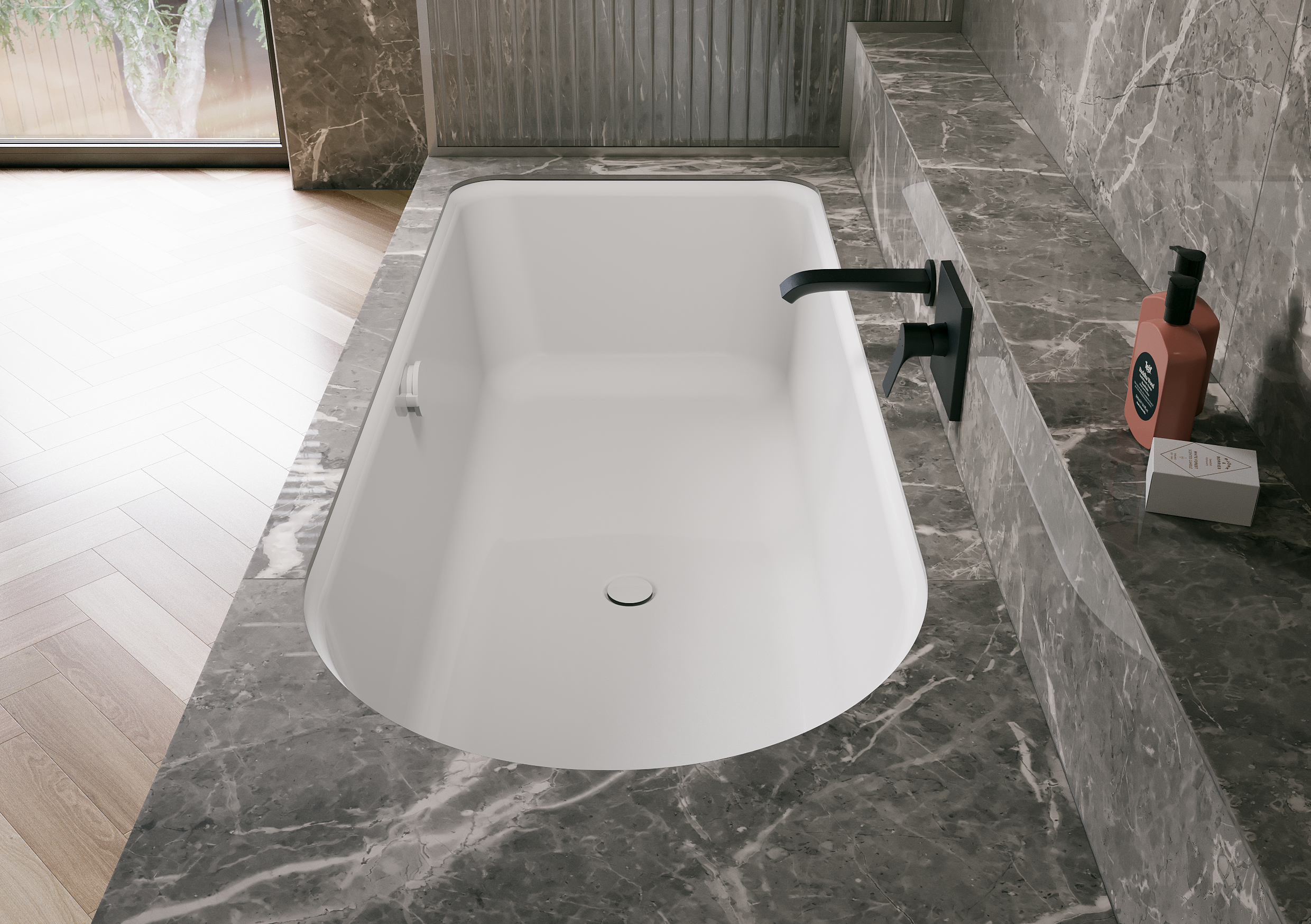 Ocean rectangular bath, foot end right, rear overflow