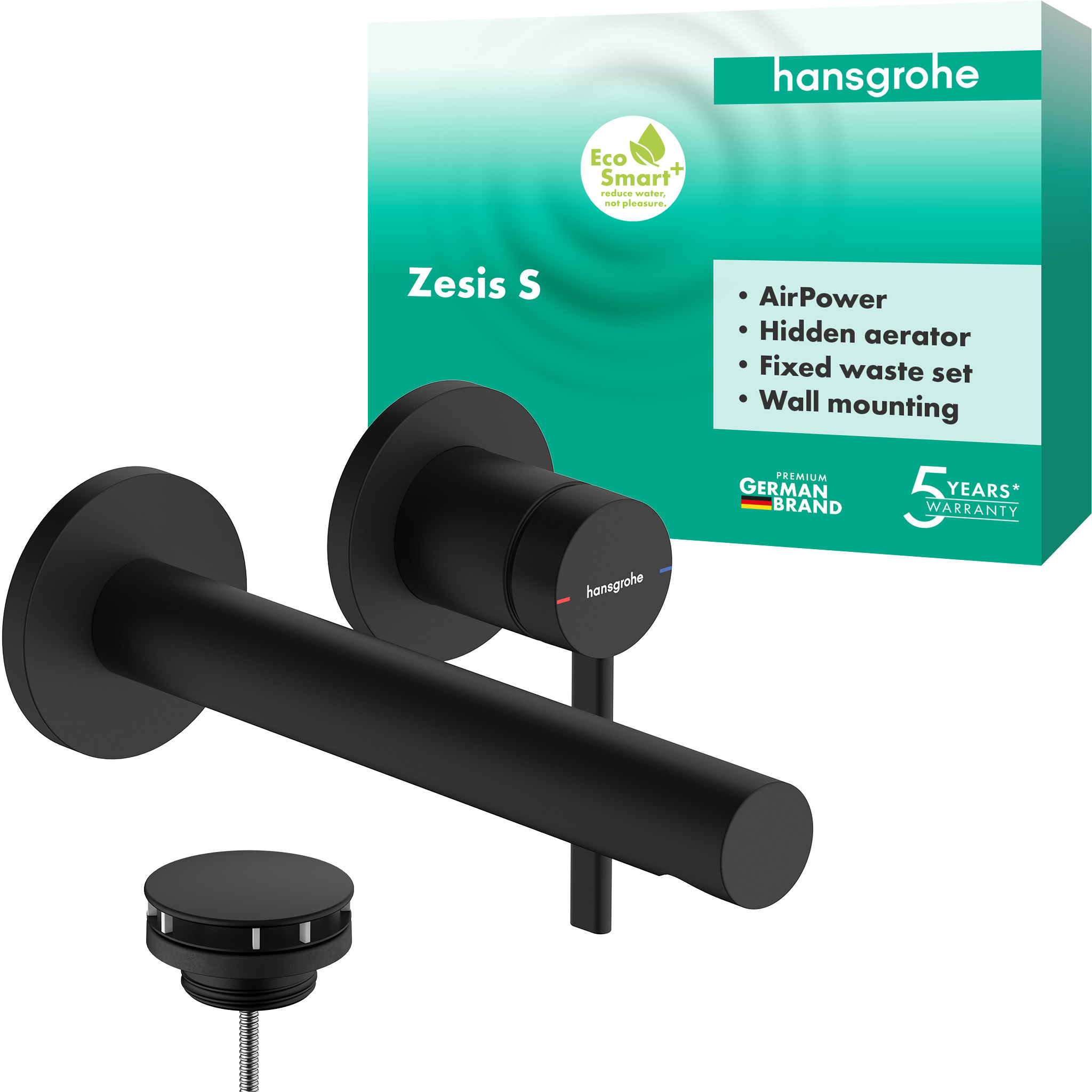 hansgrohe Zesis S schwarze Wandarmatur mit Ablaufgarnitur un