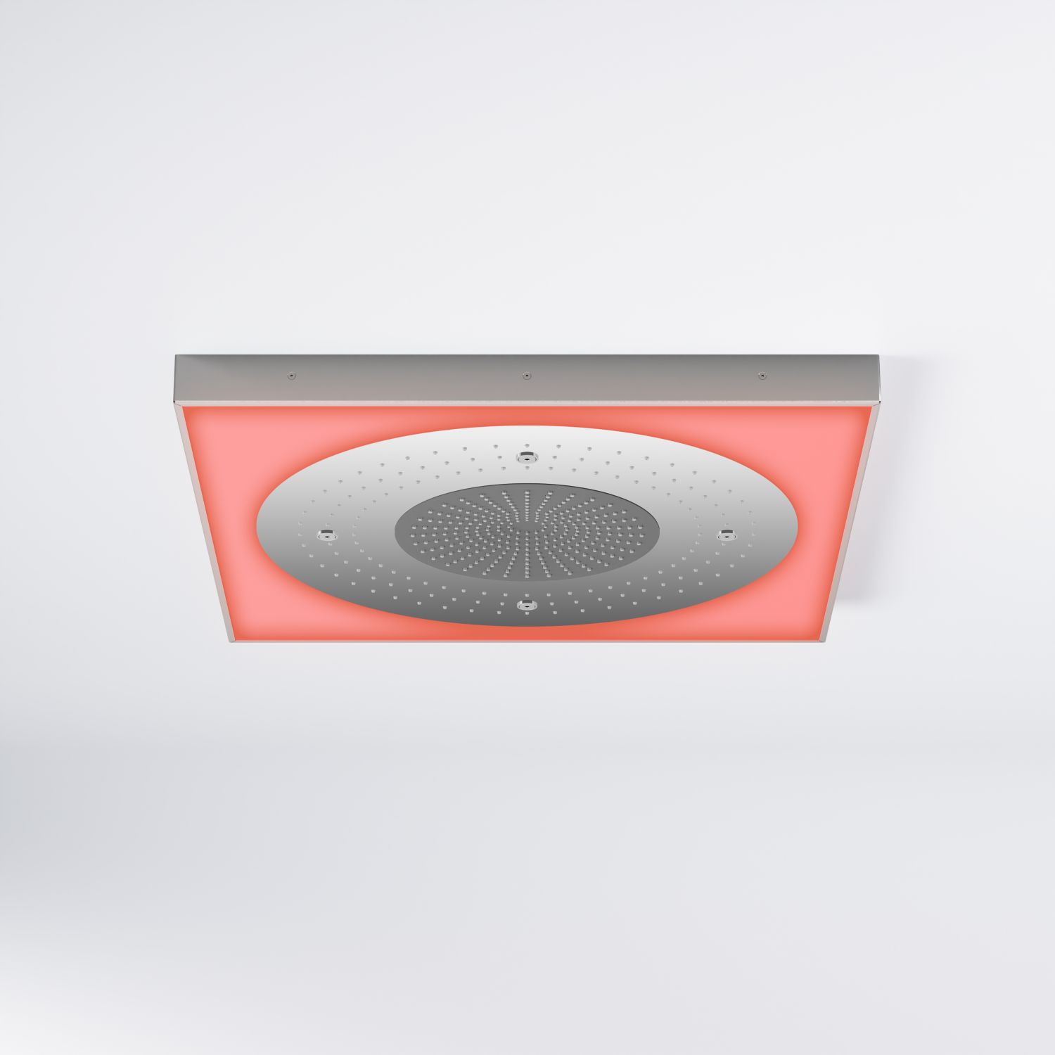 Quadratischer Duschkopf mit roter LED-Beleuchtung an der Dec