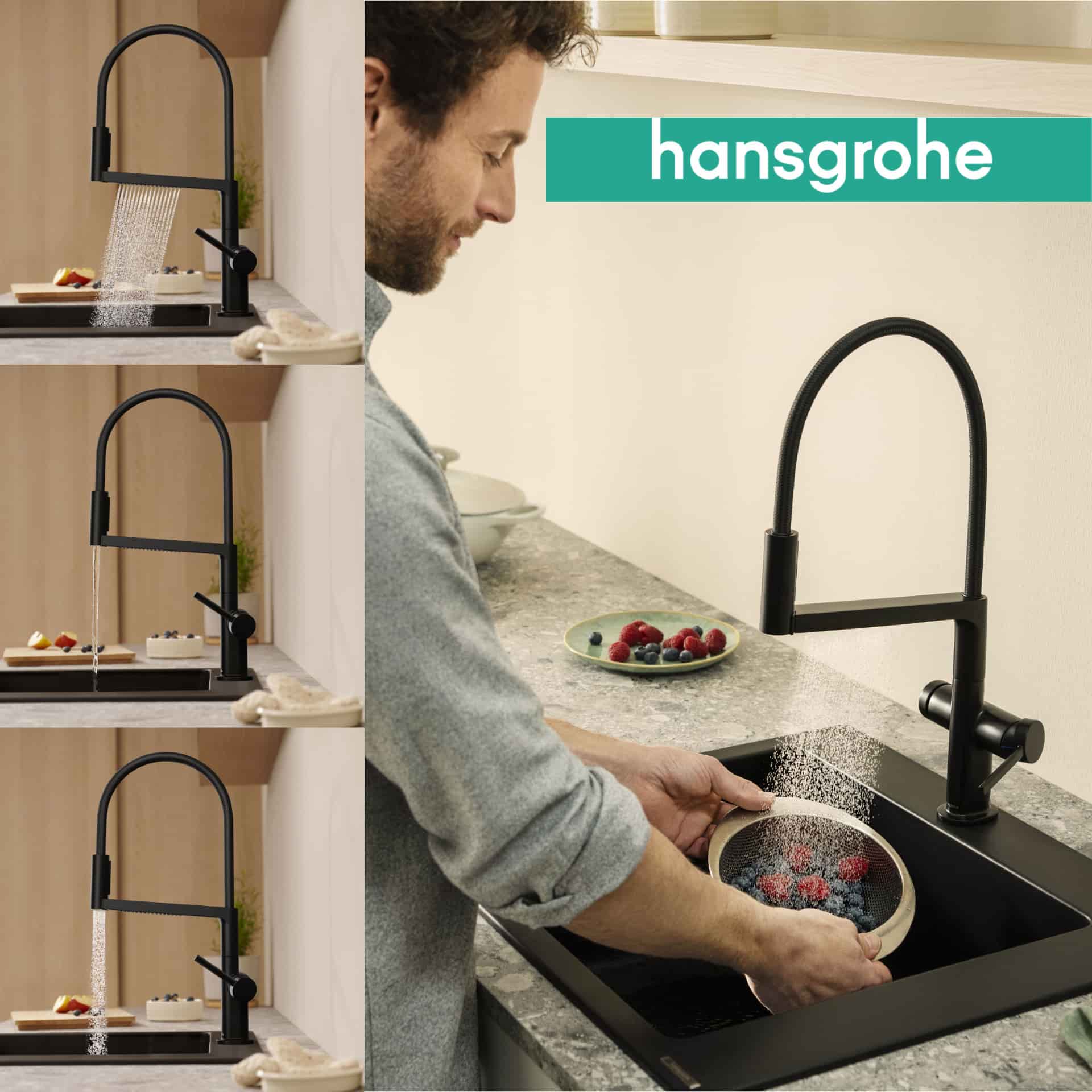 Schwarze Kuechenarmaturen von hansgrohe.