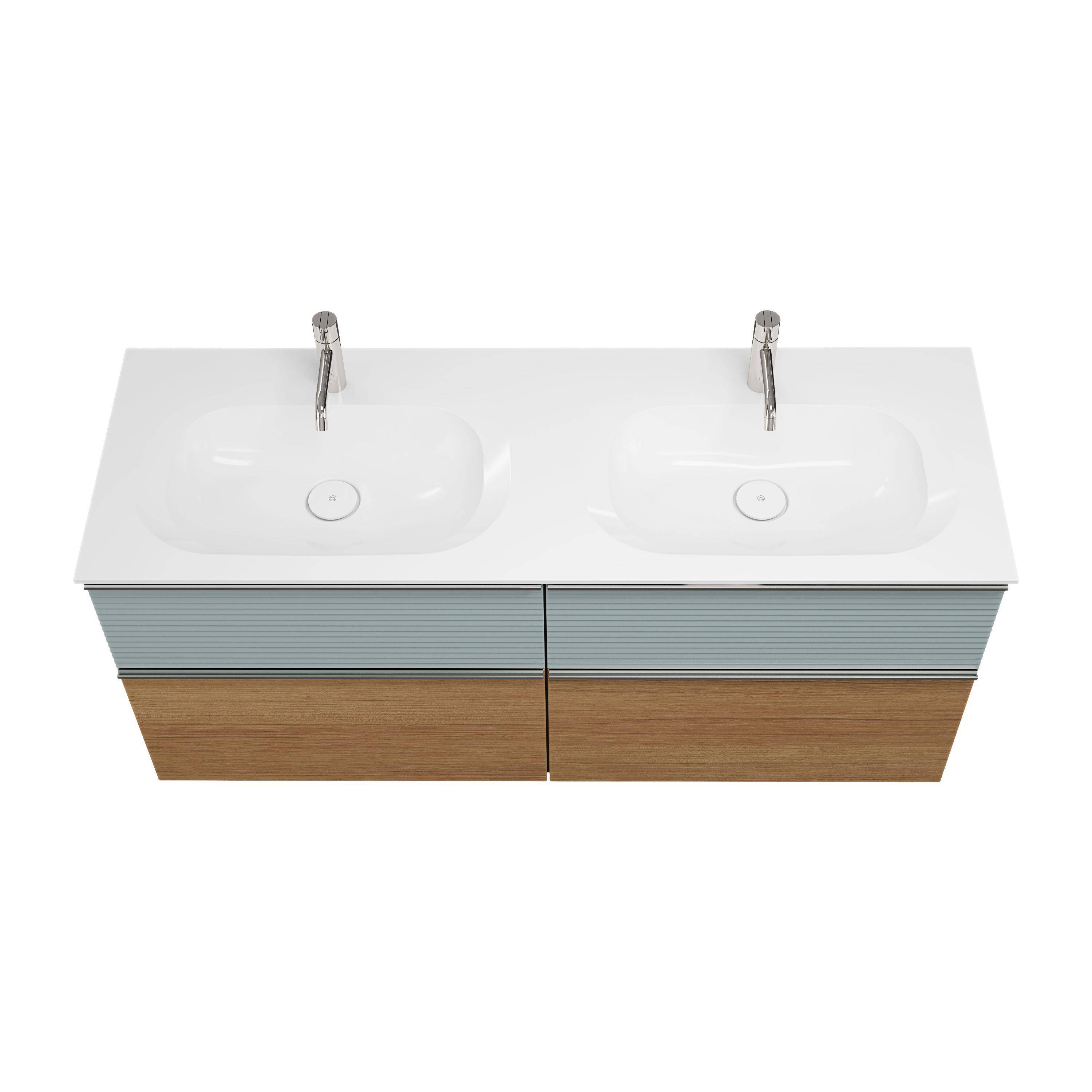 burgbad Fiumo Waschtisch mit Waschtischunterschrank Tectona Dekor Zimt/eisblau softmatt