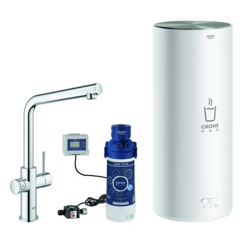 Red Duo mixer tap and boiler size L, L spout