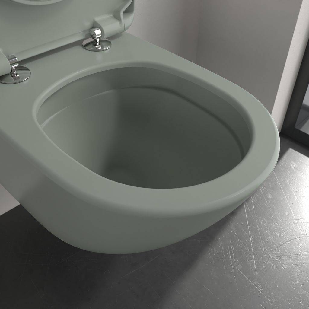 Wandhängendes WC in matter Keramik mit geöffnetem Deckel