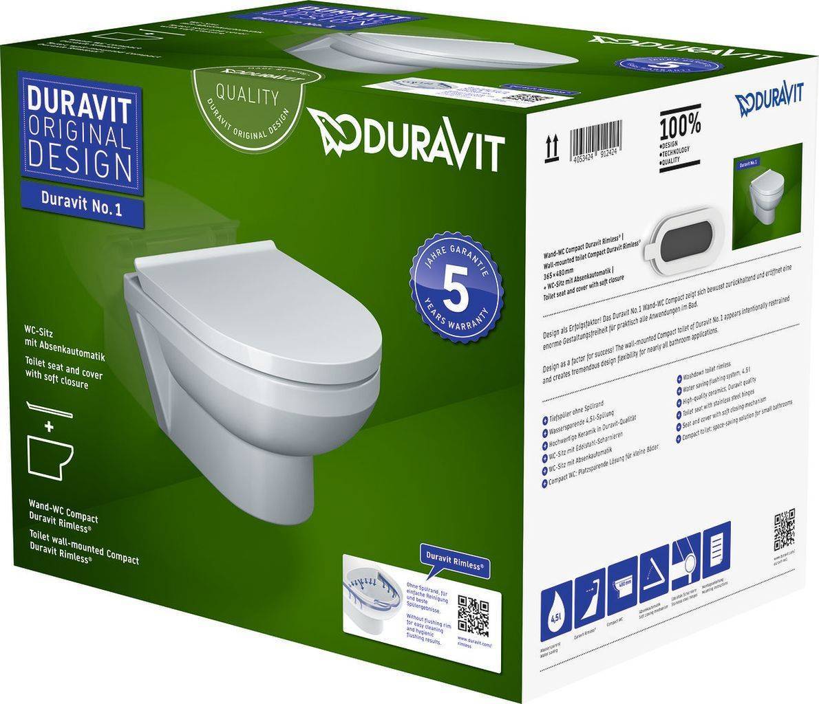 Duravit No.1 Wand-WC Set Rimless (spülrandlos)