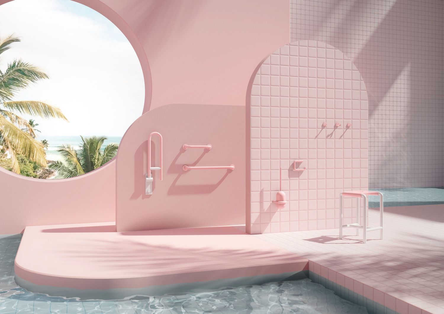 Barrierefreie Badewanne mit pinken Haltegriffen und Hocker v
