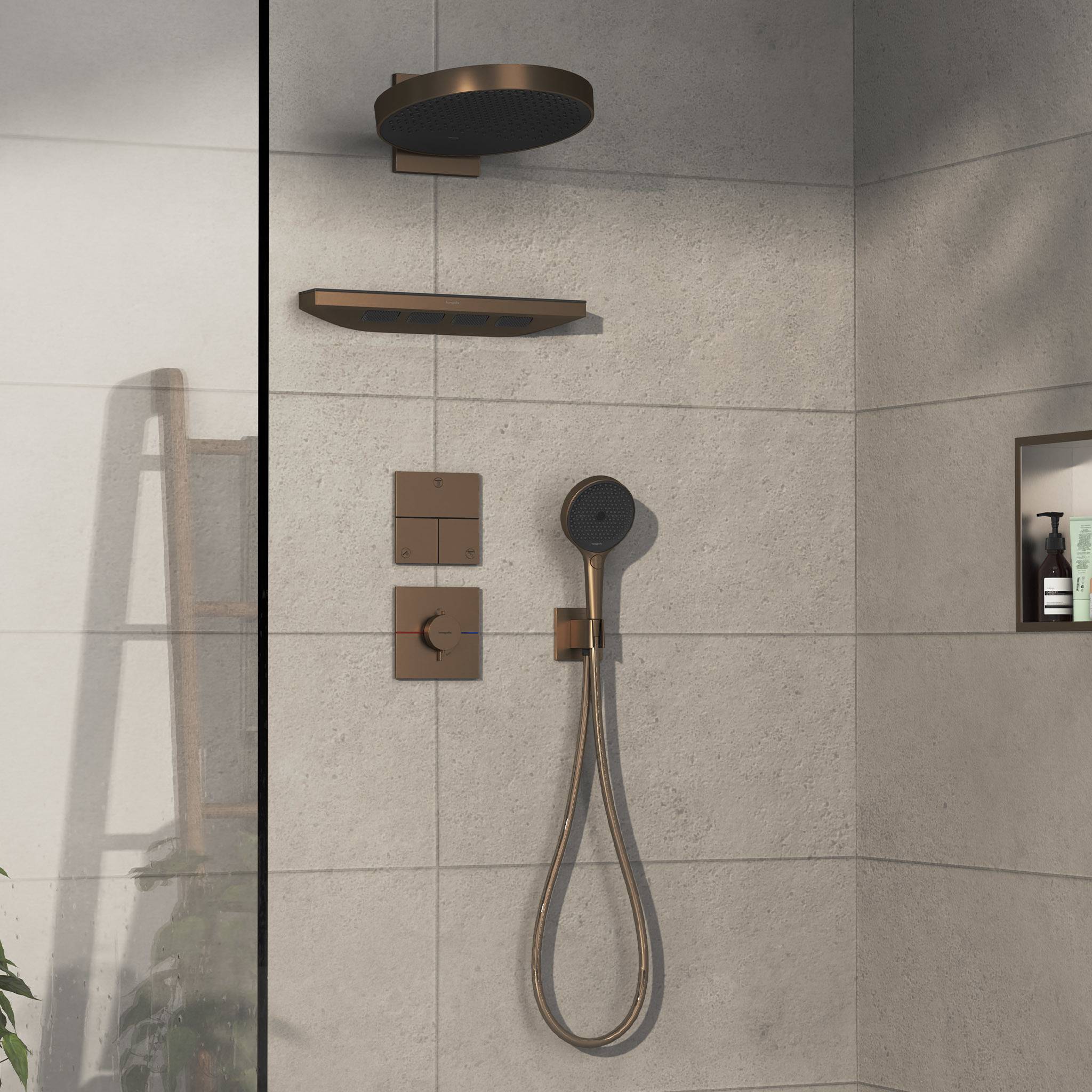 Duscharmatur in Bronze mit Regendusche, Handbrause und Bedie