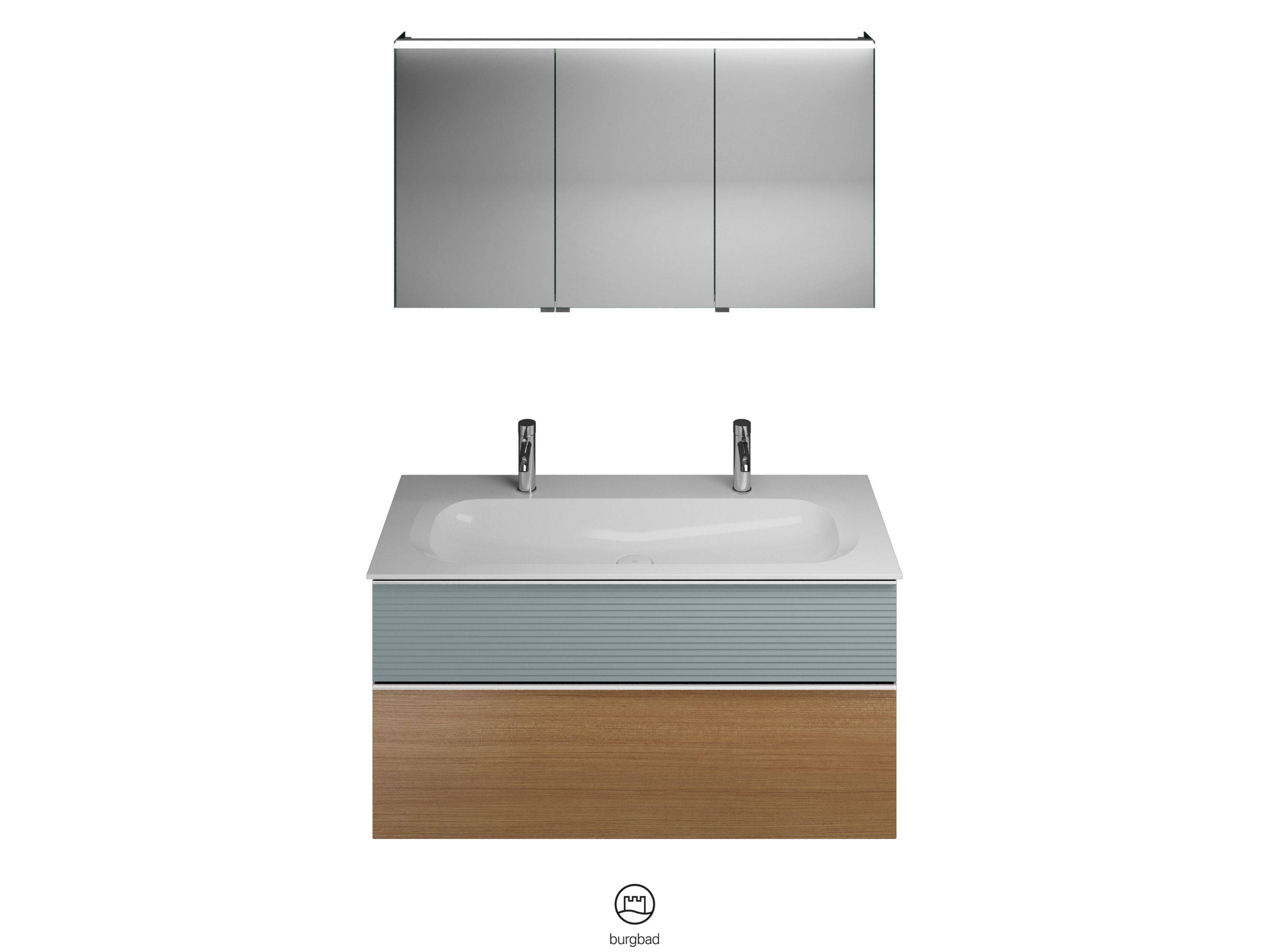 burgbad Fiumo Badmöbel-Set SFXW122 Tectona Dekor Zimt/eisblau softmatt