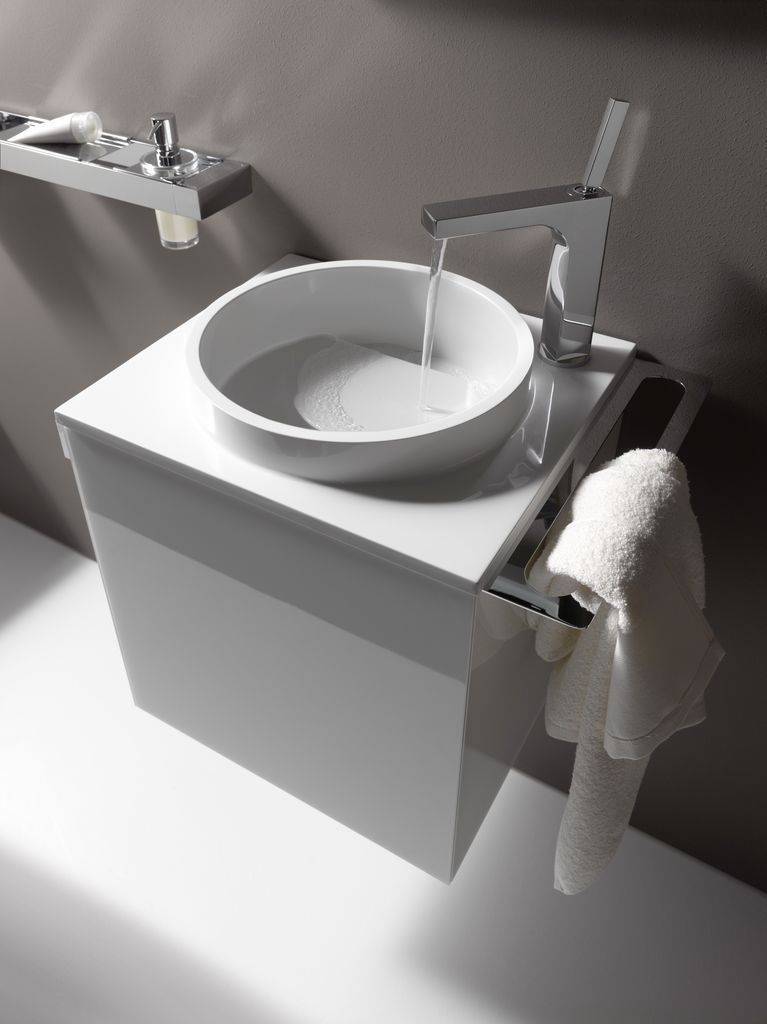 Asis Gäste Waschtisch Mineralguss 450mm Türgriff links, mit Armaturbohrung rechts