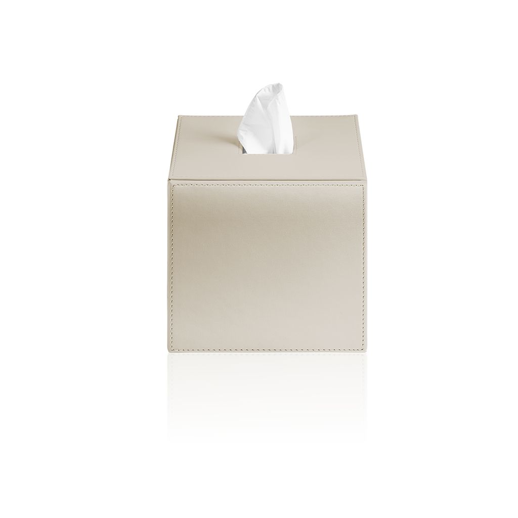 Beige Taschentuchbox aus Leder mit weißem Taschentuch