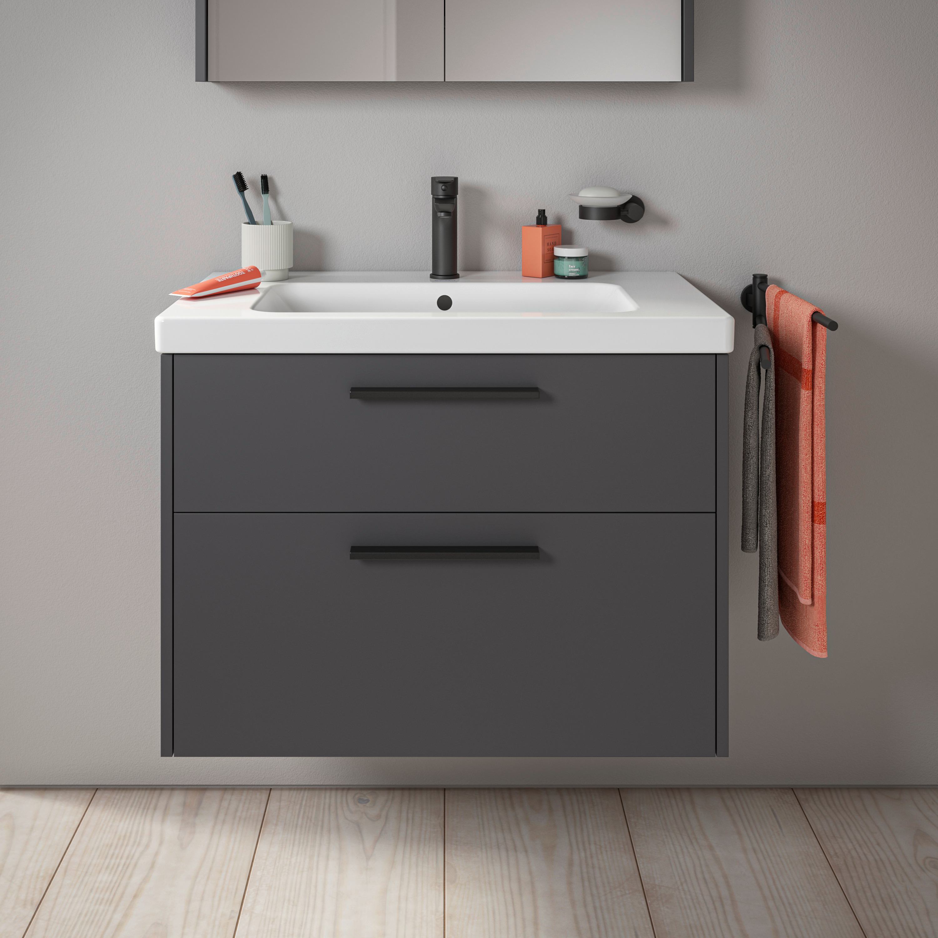 Duravit D-Code 2.0 Badmöbel-Set 80cm, graphit matt, Griff diamantschwarz