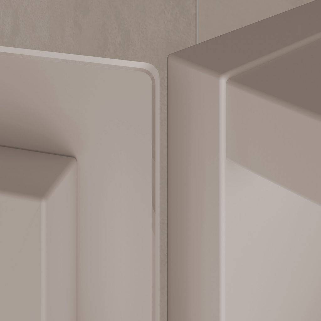 Detail von zwei cremefarbenen Türen mit abgerundeten Kanten