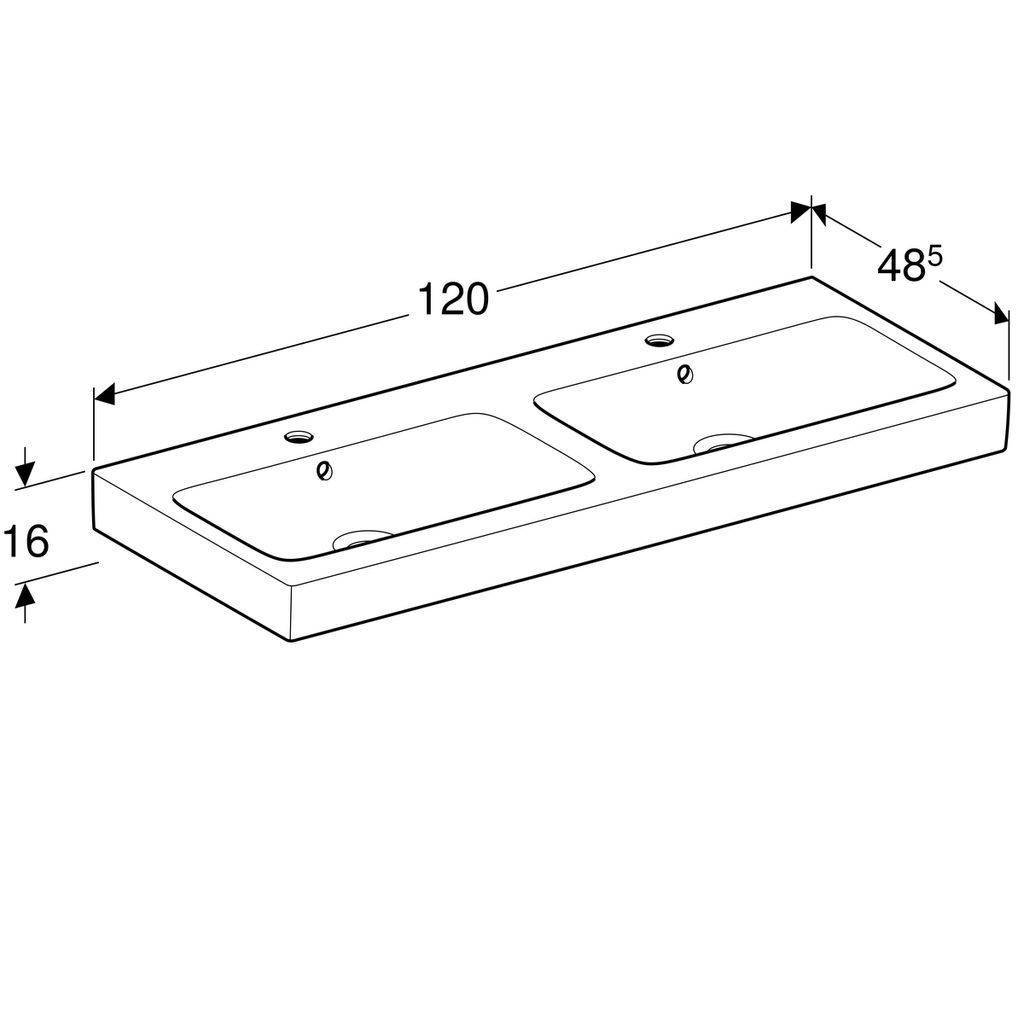 iCon double washbasin, 1200 x 485mm, with 2 tap holes, with overflow