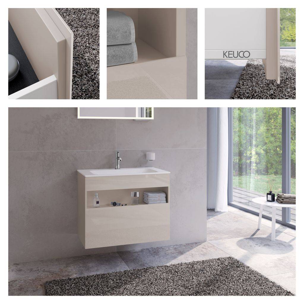 Beiger Badunterschrank mit offenem Fach und Waschbecken im m