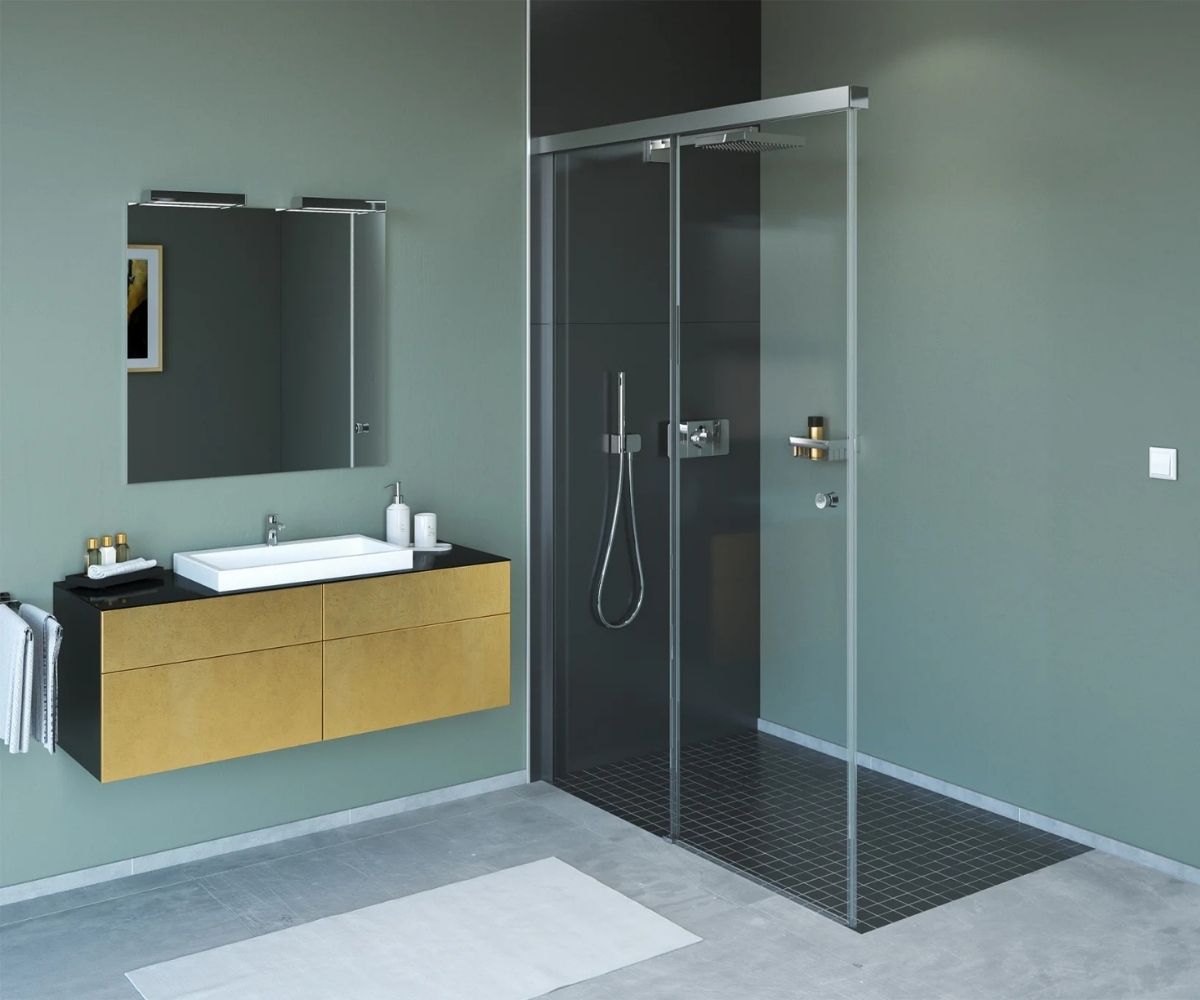 Walk-In Dusche mit Glaswand.