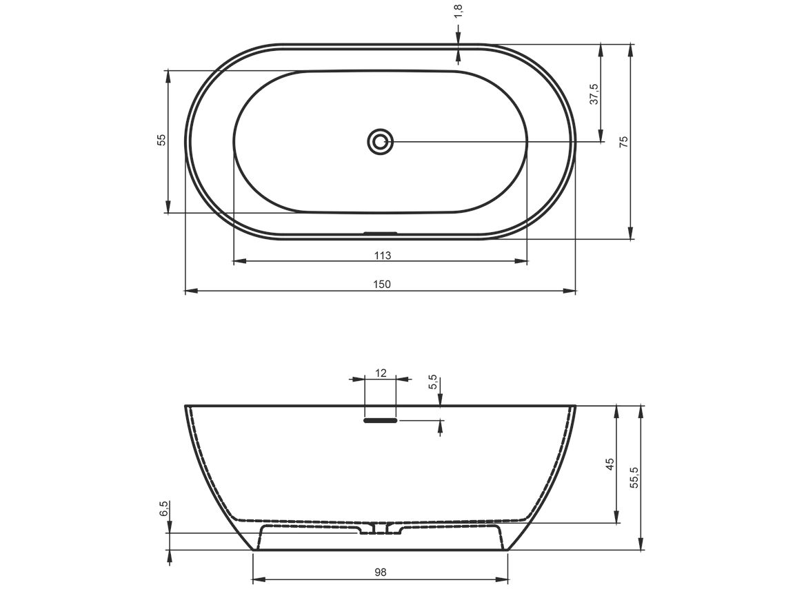 Bilbao 150 Solid Surface freistehende Badewanne 150 x 75 x 55,5cm