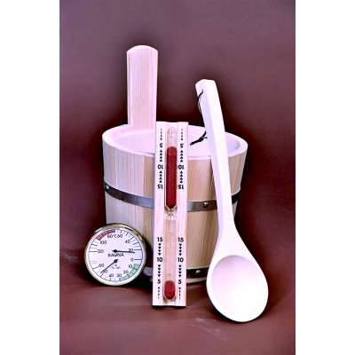 Sauna Zubehörset (Kübel, Kelle, Thermo/Hygro und Sanduhr)