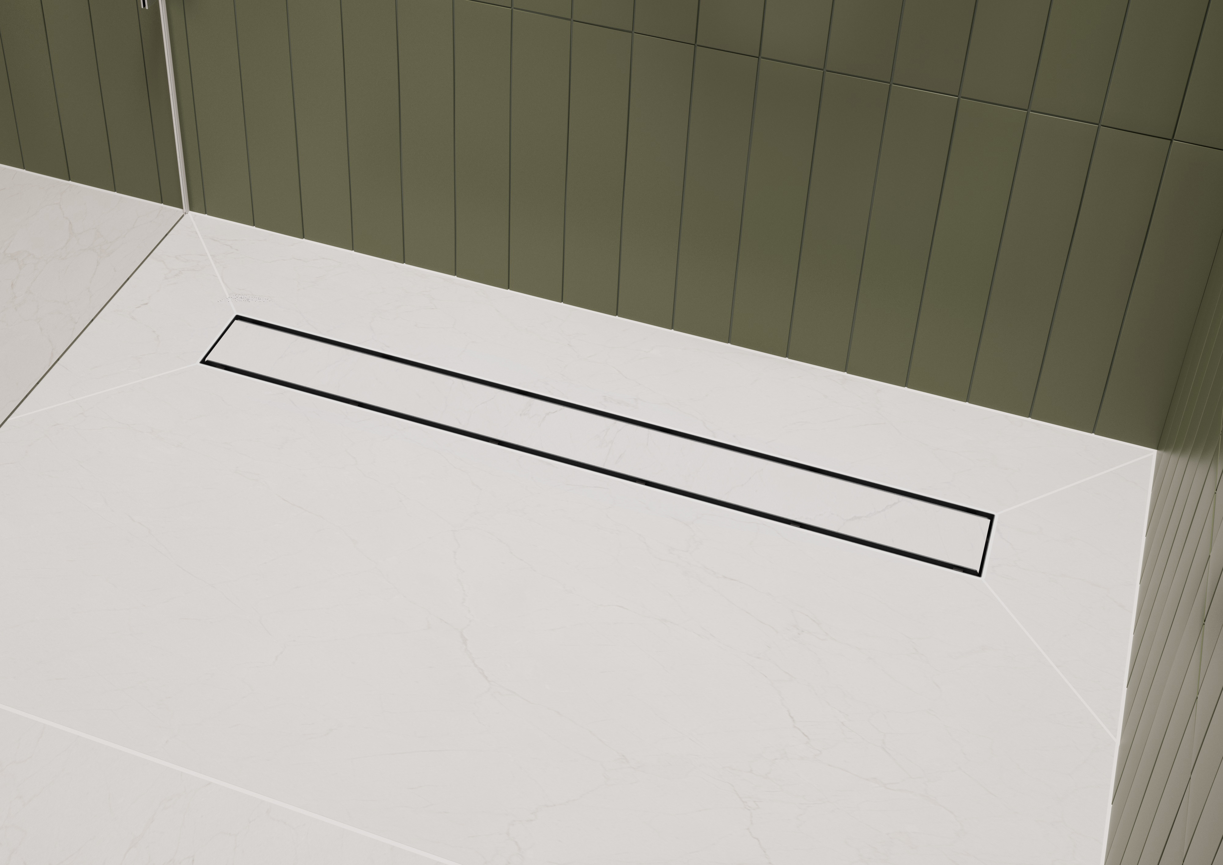 Weiße Dusche mit Lineardrain und grüner Wandverkleidung
