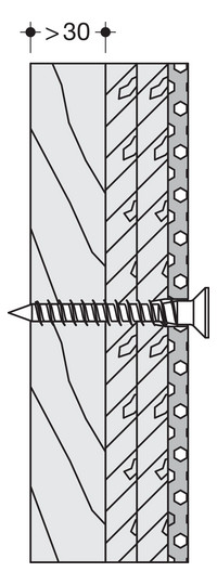 Illustration Schraube steckt durch Holz, Dämmung und Putz
