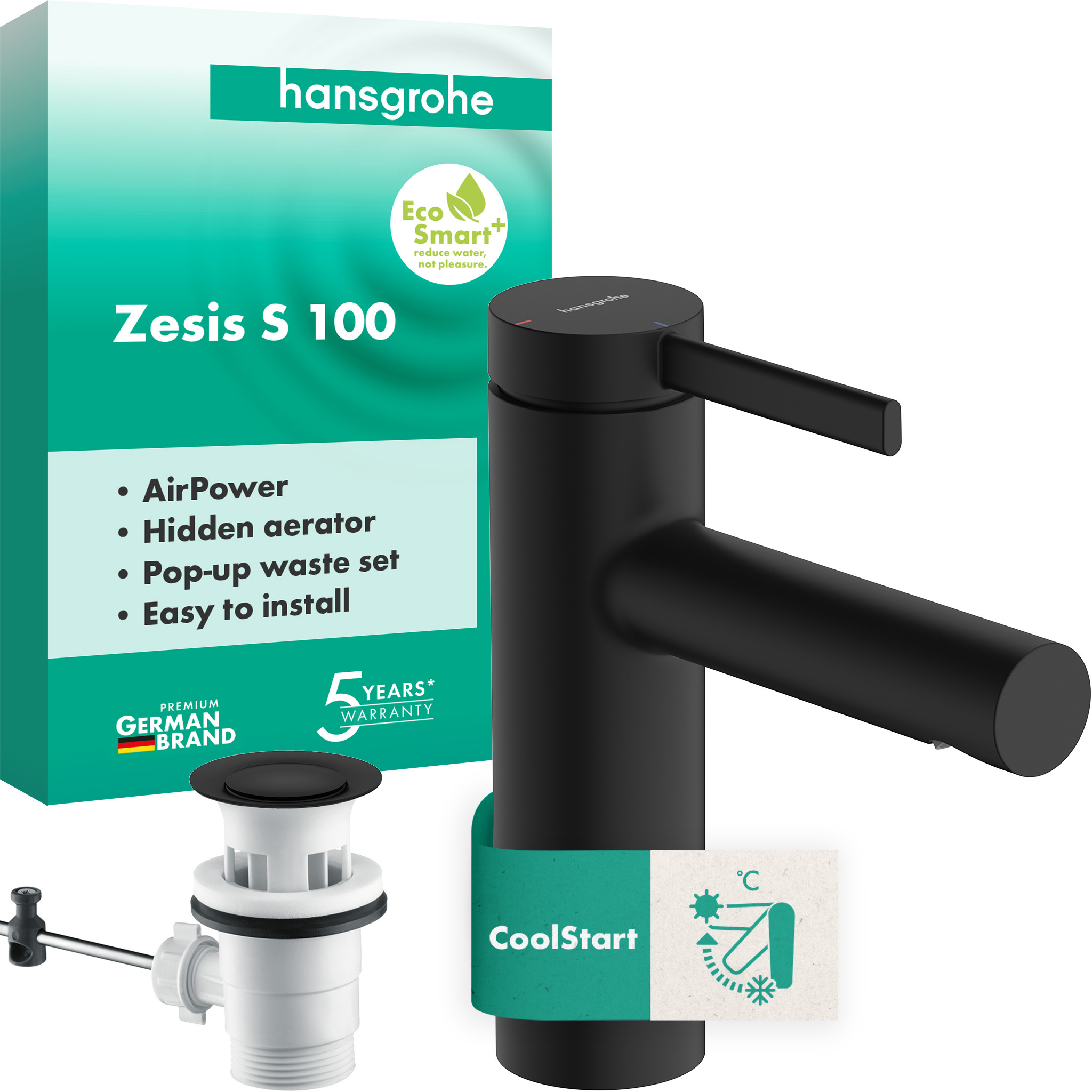 Zesis S Einhebel-Waschtischarmatur 100  CoolStart mit Zugstangen-Ablaufgarnitur