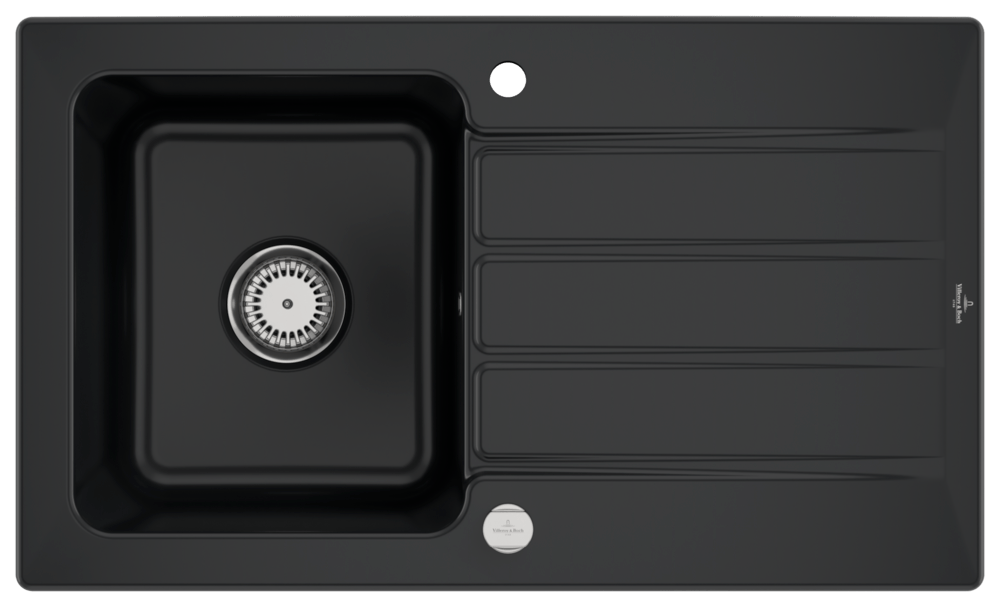 Schwarze Küchenspüle mit Becken, Abtropffläche und Ablaufgar