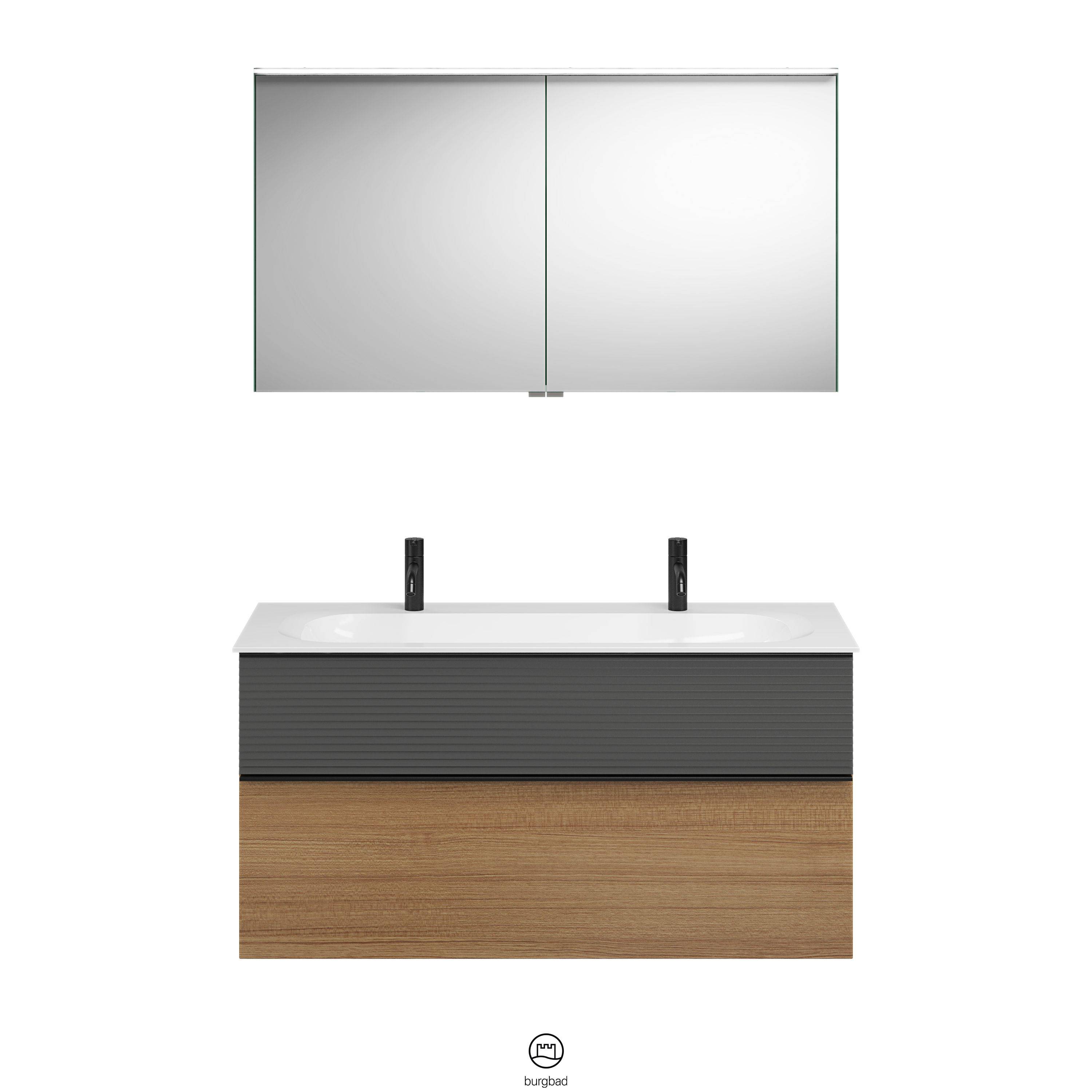 burgbad Fiumo Badmöbel-Set SFXW122 Tectona Dekor Zimt/graphit softmatt