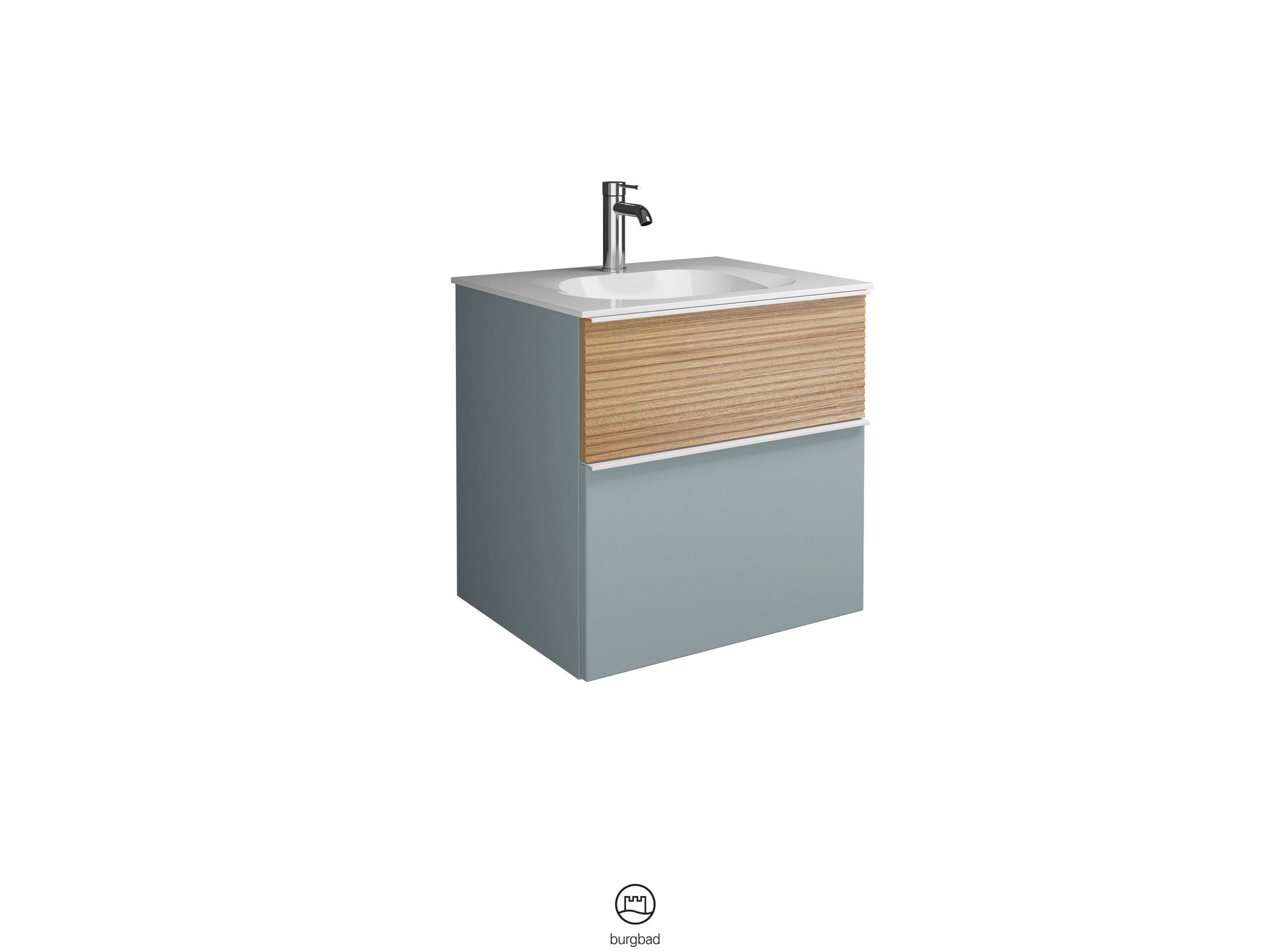 burgbad Fiumo Waschtisch mit Waschtischunterschrank Eisblau Softmatt/tectona dekor zimt