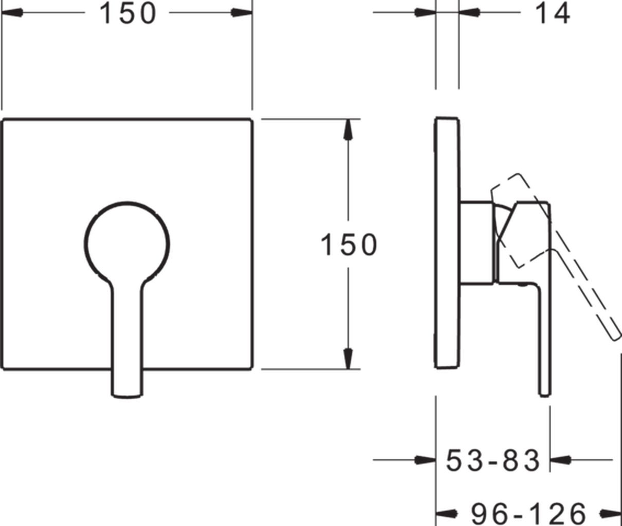 Technische Zeichnung Einhebelmischer mit Maßen 150x150x14 mm