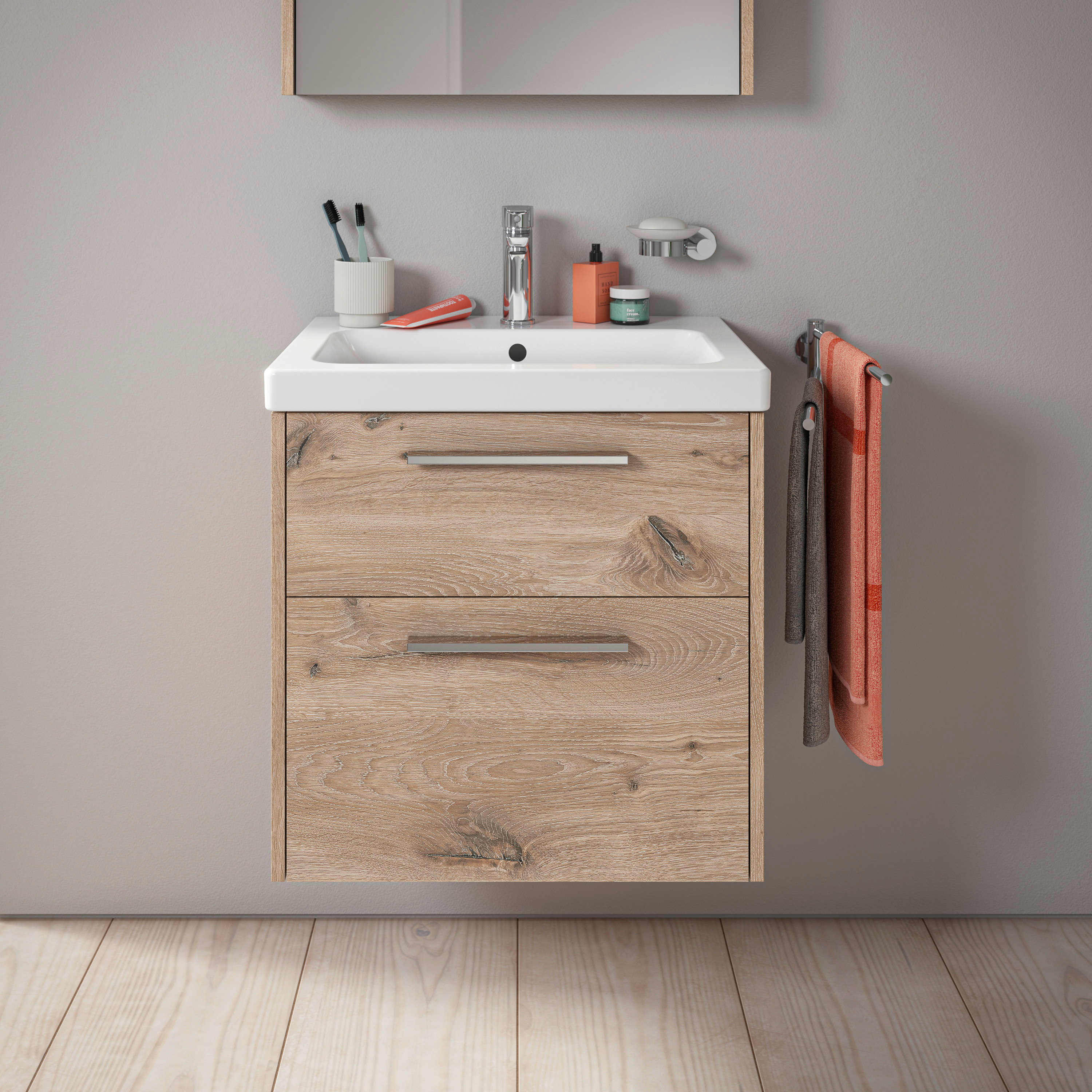 Duravit D-Code 2.0 Badmöbel-Set 60cm, Eiche, Griff chrom