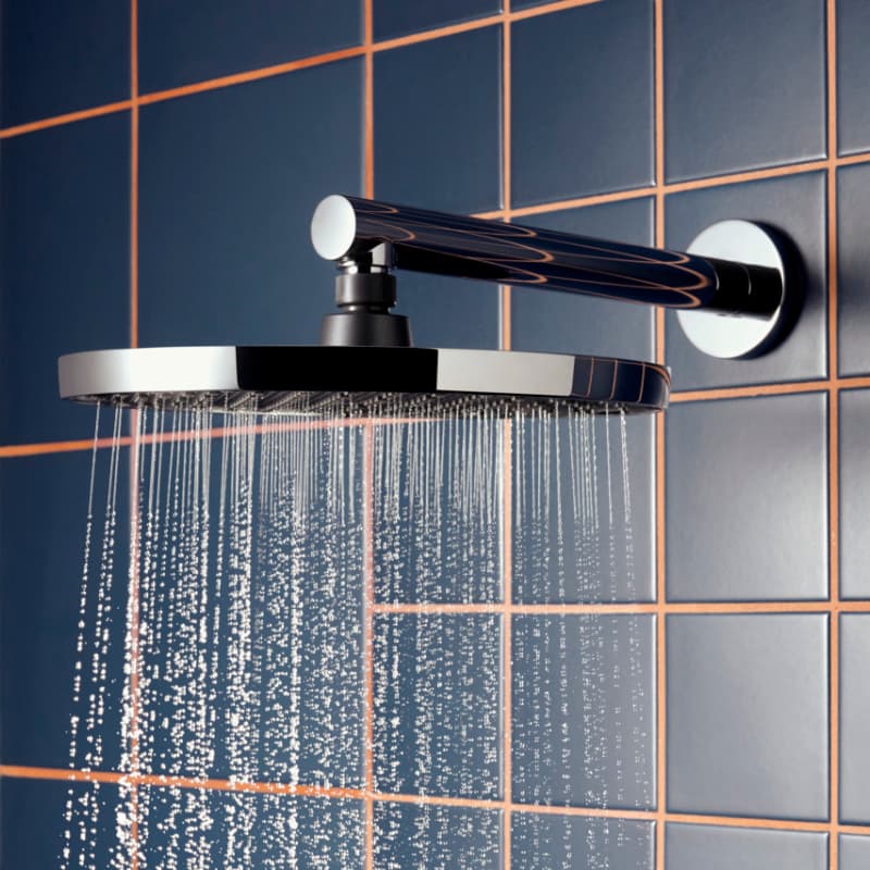 Kopfbrause in Chrom aus der Wasser fließt.