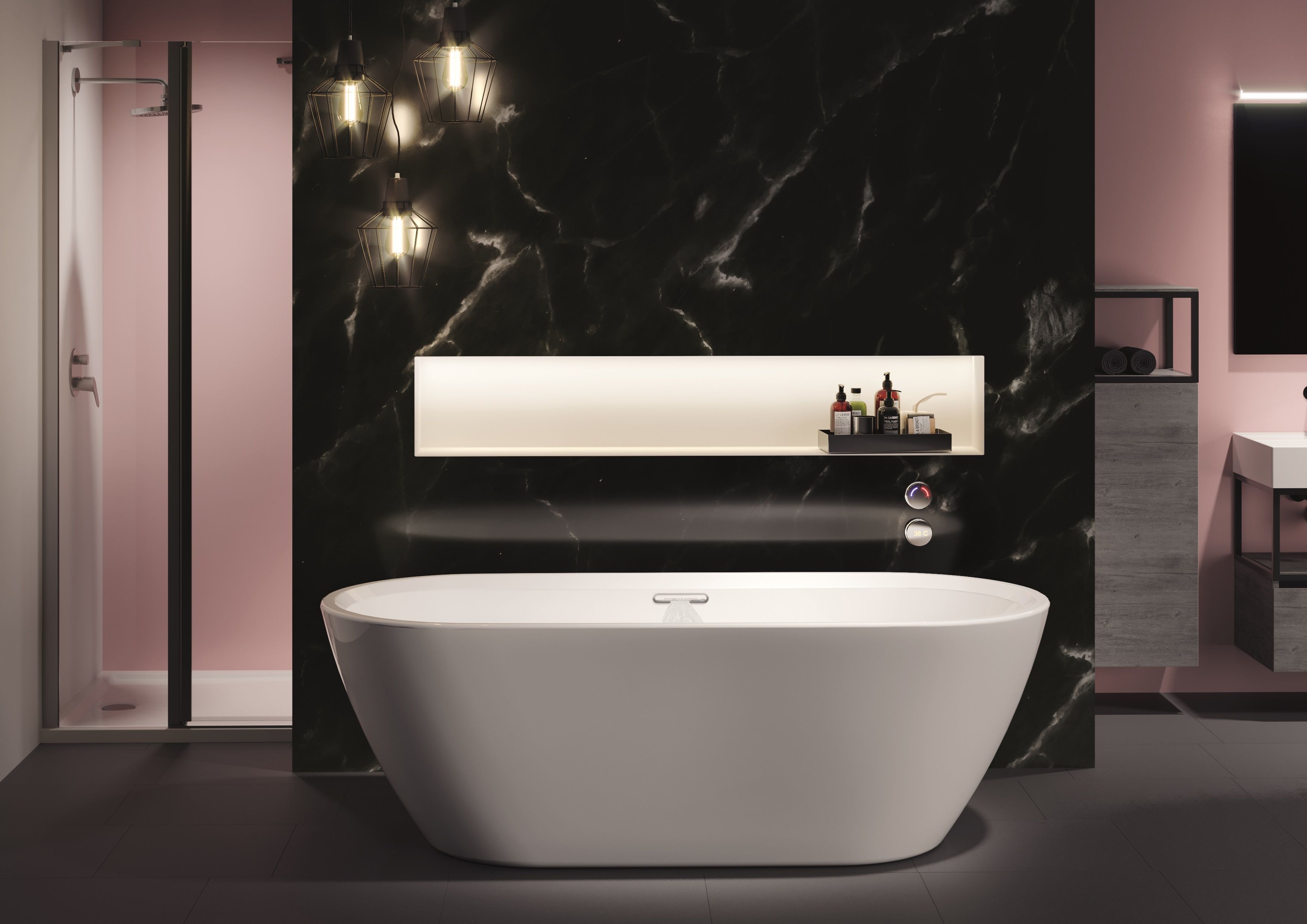 Inspire freistehende Badewanne 180 x 80cm mit RIHO Fall
