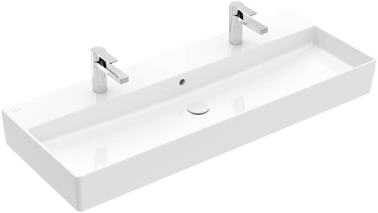 Memento 2.0 Waschtisch, Wandbefestigung, 1200 x 470mm, mit 2 x 1 Hahnloch, mit Überlauf