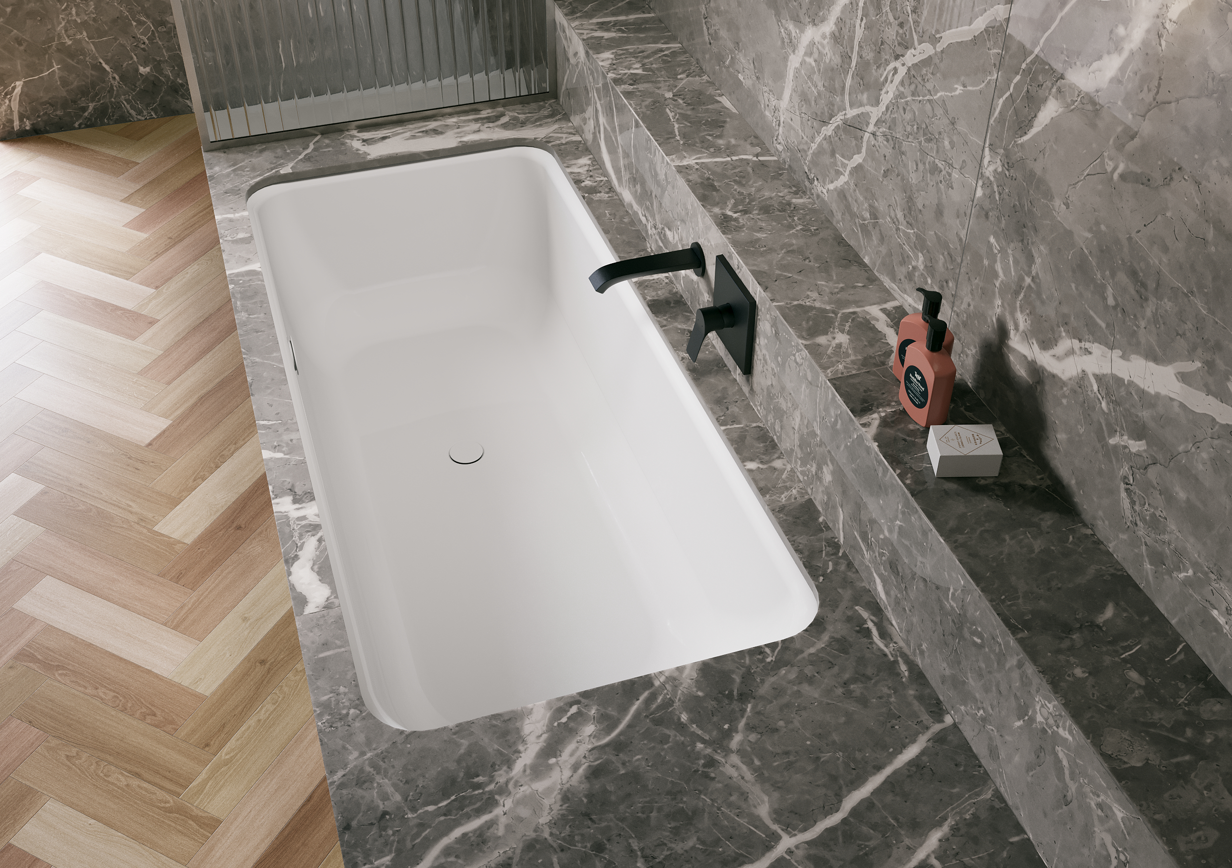 Select rectangular bath with rear side overflow