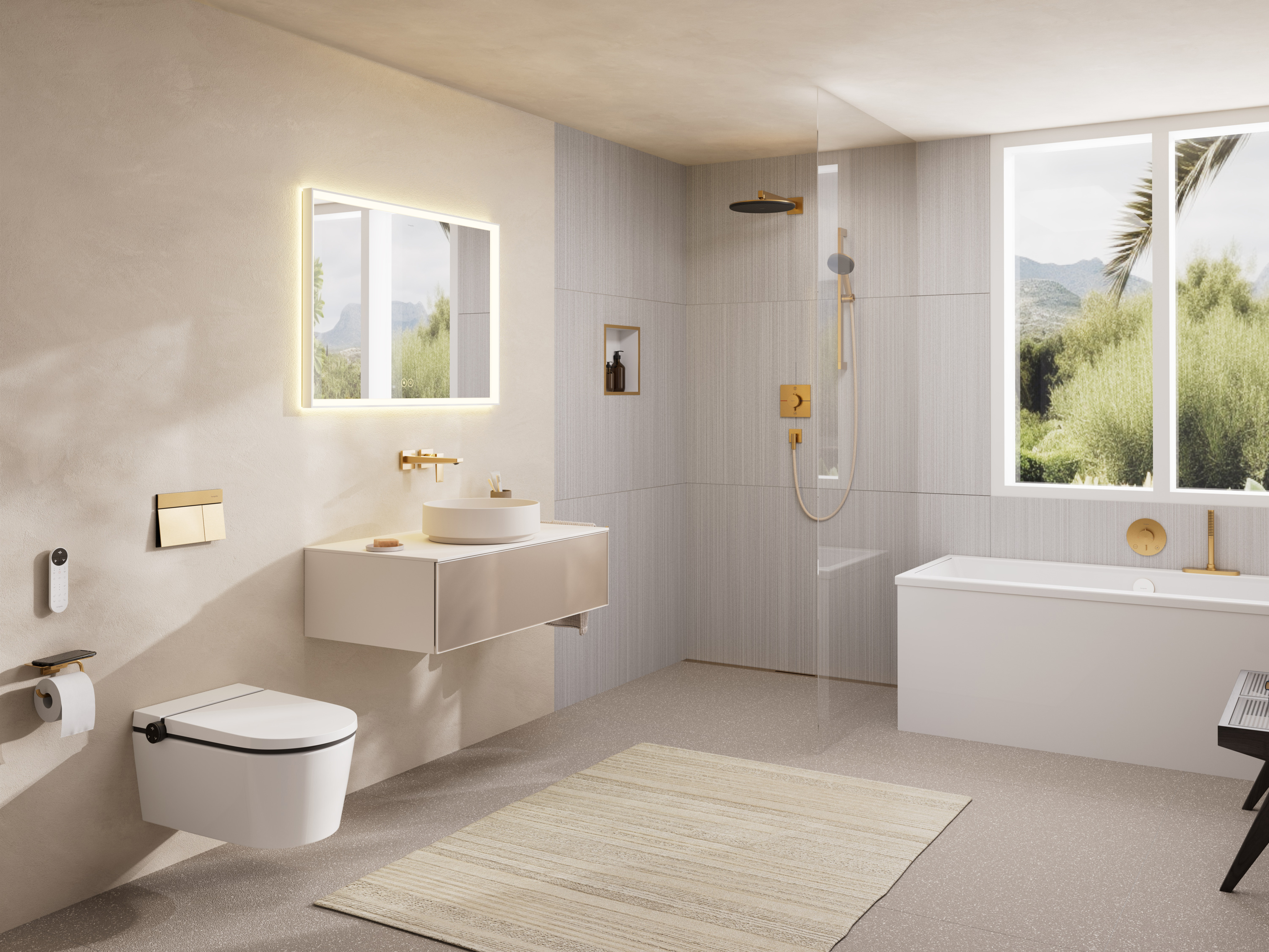Helles Badezimmer mit goldenen Armaturen, Dusche, Badewanne
